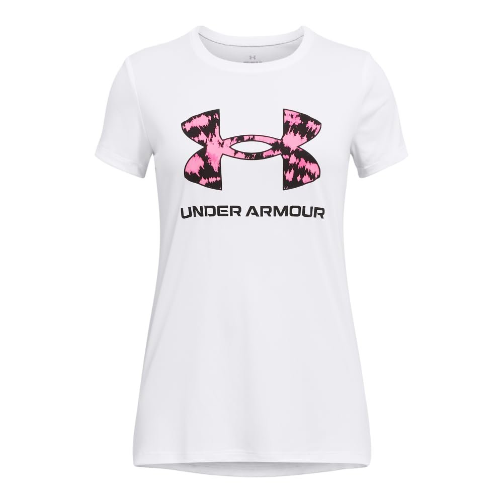 Under Armour Girls' Tech Big Logo Short Sleeve Crew Neck, (103) White/Black/Rebel Pink, Small