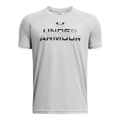 Under Armour Boys Tech Split Wordmark Short Sleeve T Shirt, (011) Mod Gray / / Black, Small