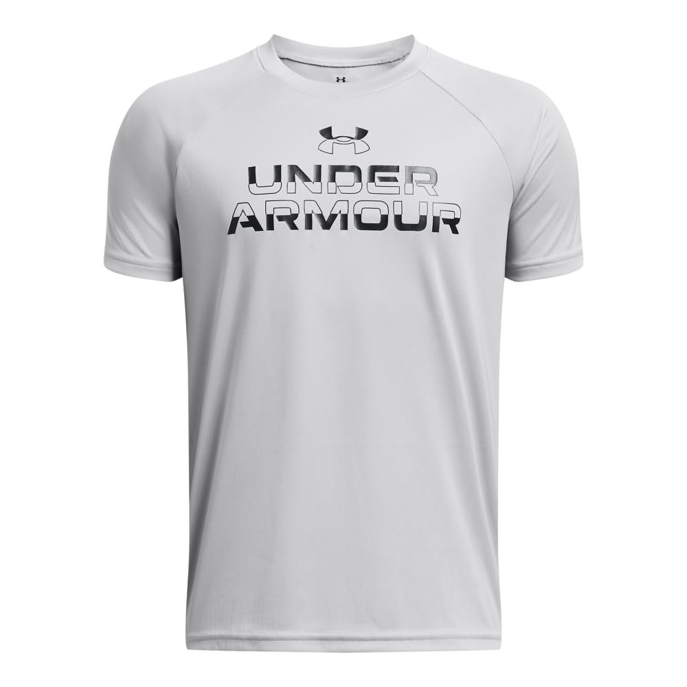 Under Armour Boys Tech Split Wordmark Short Sleeve T Shirt, (011) Mod Gray / / Black, X-Large
