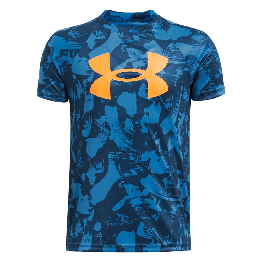 Under Armour Boys Tech Big Logo Printed Short-Sleeve T-Shirt, (406) Photon Blue / / Nova Orange, X-Small