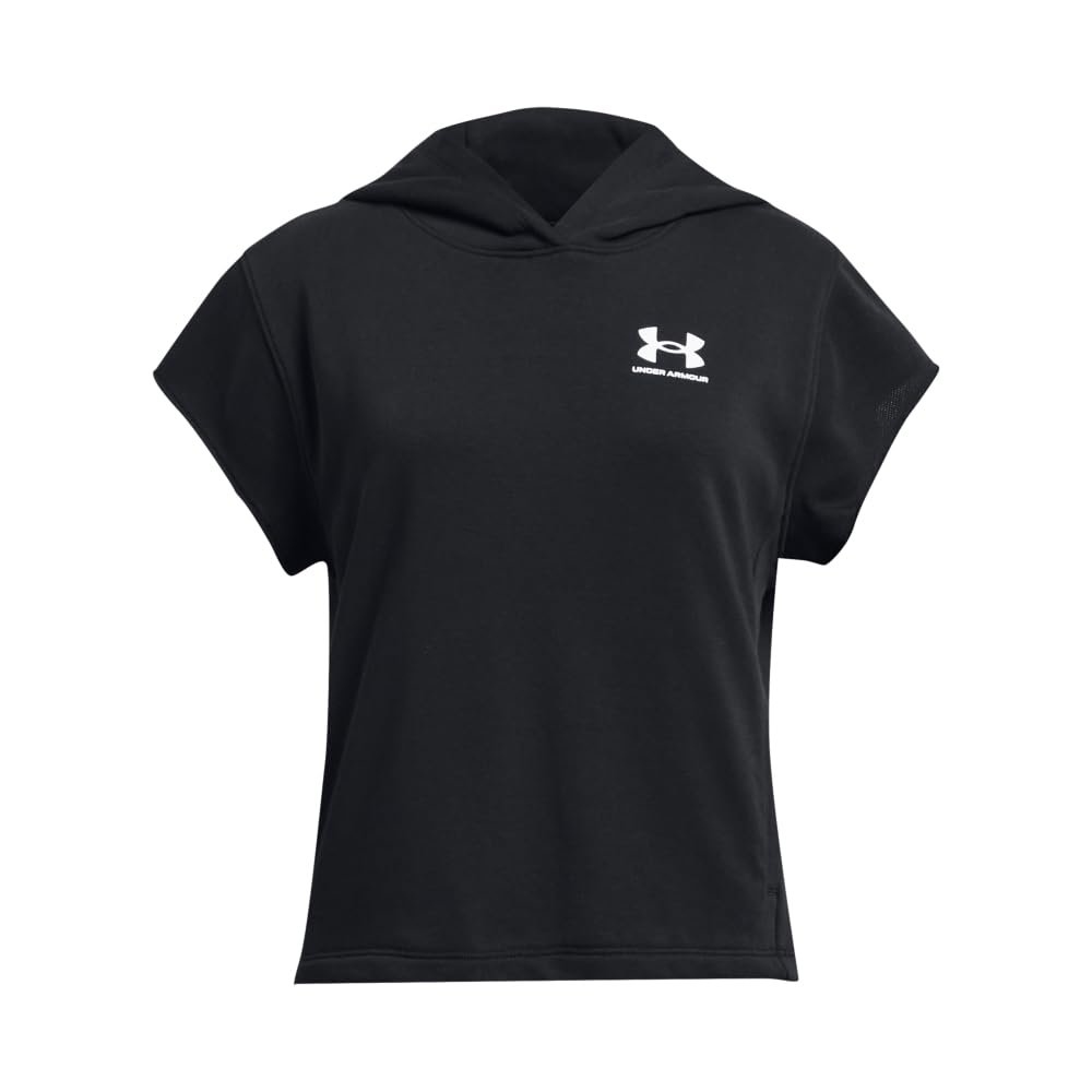 Under Armour Girls' Rival Terry Short Sleeve Cut Hoodie, (001) Black / / White, Small