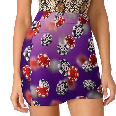 DENFY Red and Black Poker Chips Women's Tennis Skirts Inner Shorts Elastic Sports Golf Skorts with Pockets