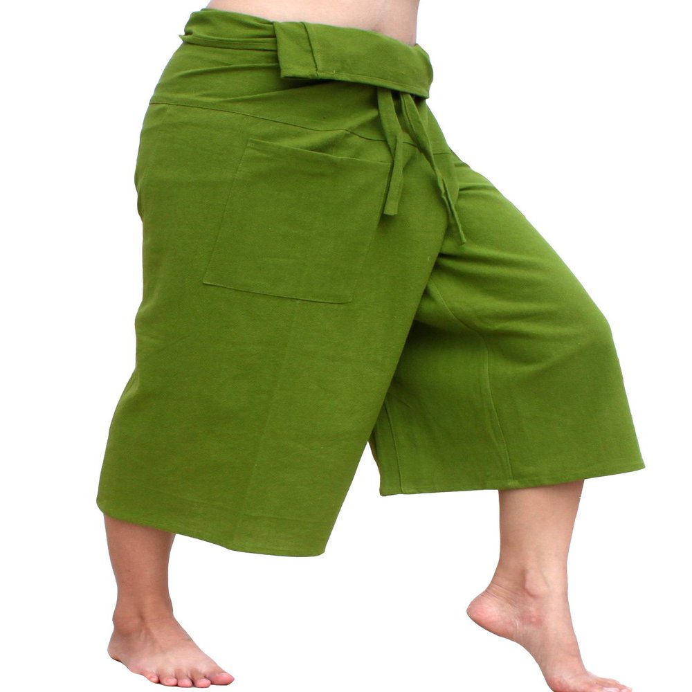 RaanPahMuang Thai Fisherman Shorts Men/Women, Loose Yoga, Pirate, Harem Pants, 100% Cotton, Unisex Kimono Pants, XX-Large-3X-Large, Fresh Green