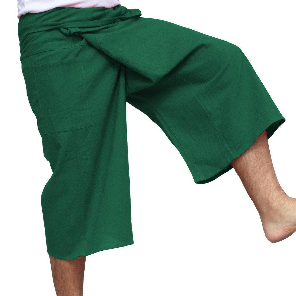 RaanPahMuang Thai Fisherman Shorts Men/Women, Loose Yoga, Pirate, Harem Pants, 100% Cotton, Unisex Kimono Pants, XX-Large-3X-Large, Bitter Green
