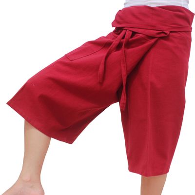 RaanPahMuang Thai Fisherman Shorts Men/Women, Loose Yoga, Pirate, Harem Pants, 100% Cotton, Unisex Kimono Pants, Large-X-Large, Dark Red
