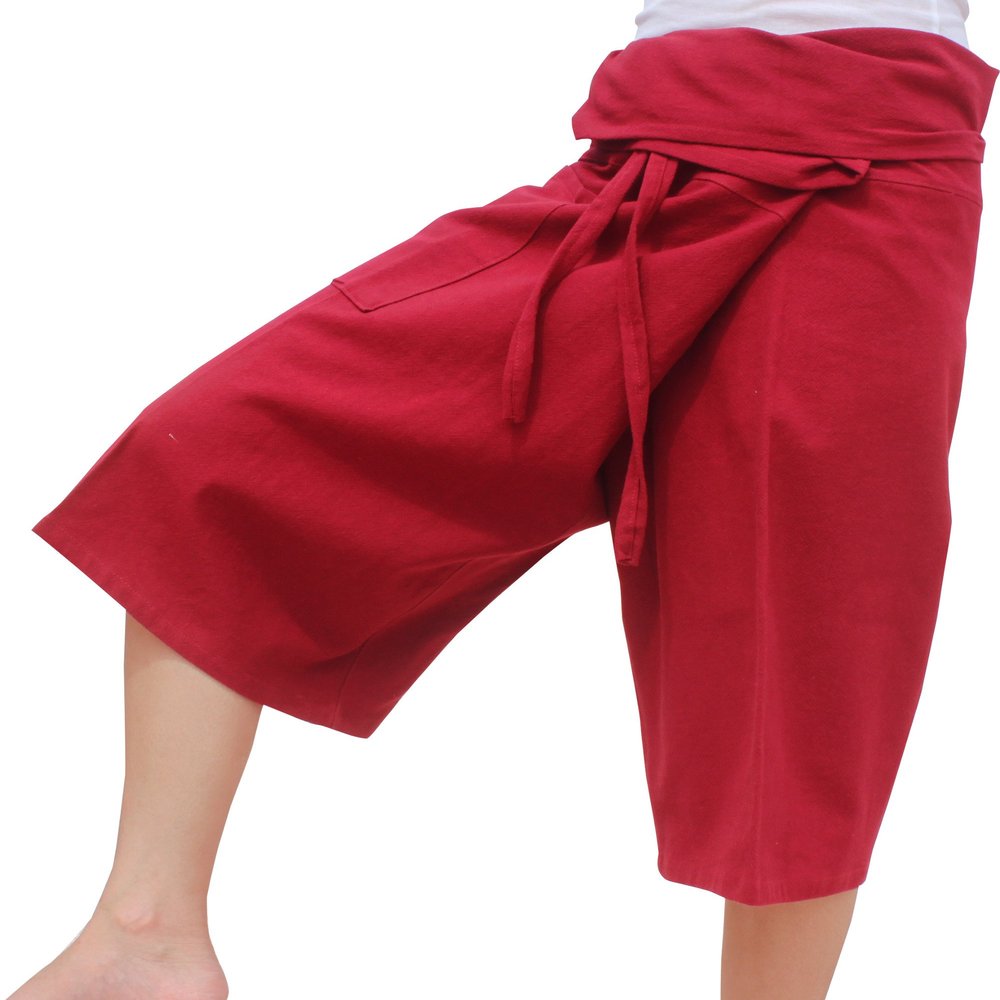 RaanPahMuang Thai Fisherman Shorts Men/Women, Loose Yoga, Pirate, Harem Pants, 100% Cotton, Unisex Kimono Pants, Large-X-Large, Dark Red