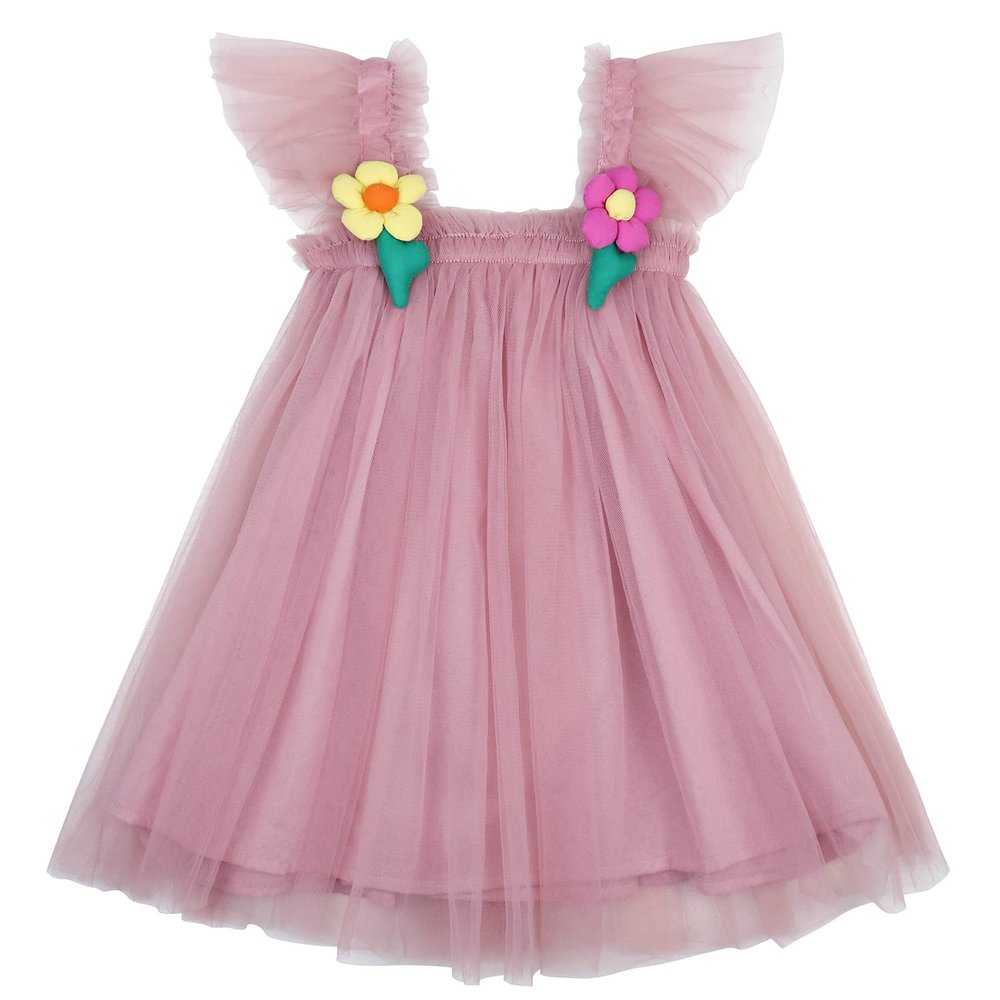 AGQT Baby Girls Tulle Tutu Dress Sleeveless Toddler Flower Girls Dresses Birthday Party Gowns Wedding Layered Lace Holiday Mini Dress with Cartoon Flower Dark Pink Size 12-18 Months