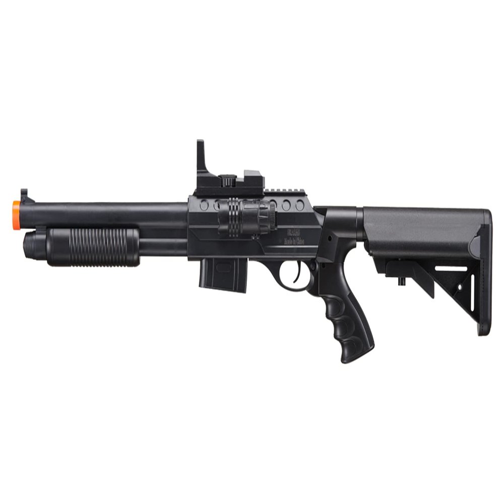M0581 Pump Action Airsoft Shotgun with Scope, Light, and Durable ABS Construction with Crane Stock