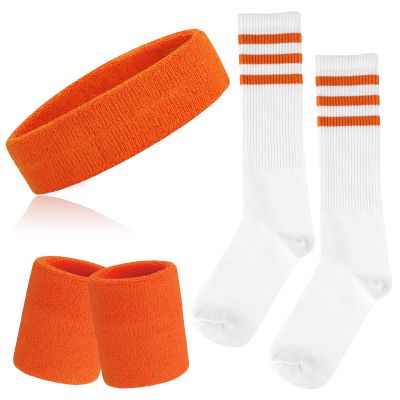 5 Pieces Sweatbands Striped Socks Set Sports Headband Wristbands High Tube Socks 80s Accessories for Men Women 80s Costumes Theme Party