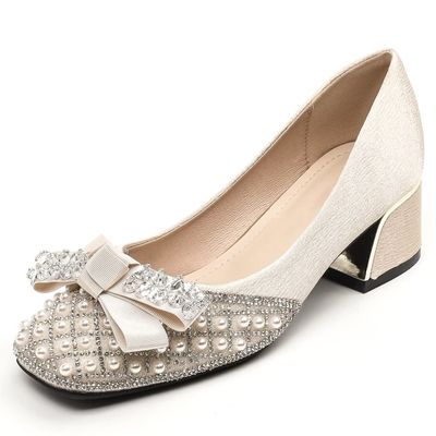 Hee grand Women Middle Block Heel Fashion Office Work Pumps Square Toe Chunky Heels Sparkling Rhinestone Bowknot Crystal Shoes Wedding Dress Shoes,Apricot 8