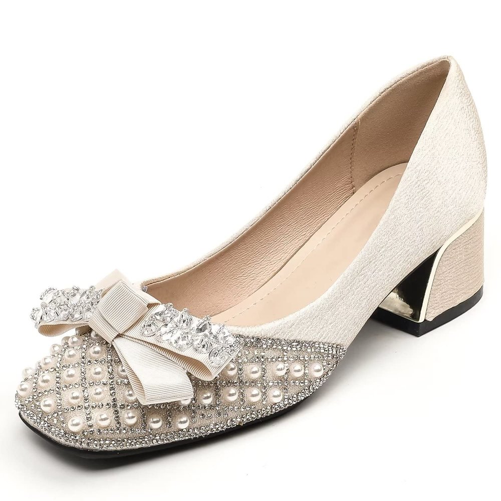 Hee grand Women Middle Block Heel Fashion Office Work Pumps Square Toe Chunky Heels Sparkling Rhinestone Bowknot Crystal Shoes Wedding Dress Shoes,Apricot 8