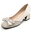 Hee grand Women Middle Block Heel Fashion Office Work Pumps Square Toe Chunky Heels Sparkling Rhinestone Bowknot Crystal Shoes Wedding Dress Shoes,Apricot 8 view 1
