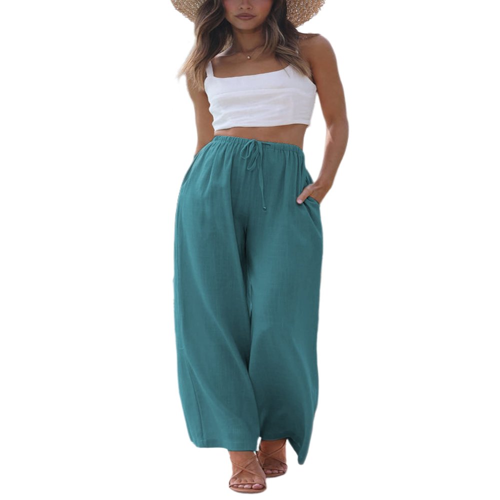 Faleave Women's Cotton Linen Summer Palazzo Pants Flowy Wide Leg Beach Trousers with Pockets(Blue-XL)
