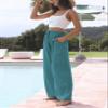 Faleave Women's Cotton Linen Summer Palazzo Pants Flowy Wide Leg Beach Trousers with Pockets(Blue-XL) view 2