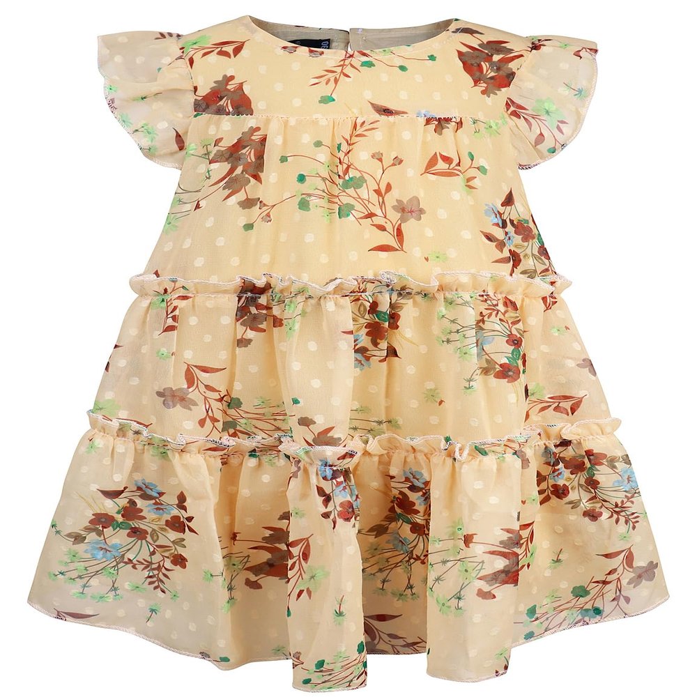 AGQT Girls Casual Dress Babydoll Summer Ruffle Babydoll Birthday Chiffon Princess Wedding Elegant Dress Easter Dresses Red Leaves Green Flower On Apricot Size 5-6 Years