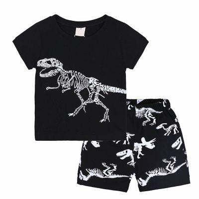 Baby Boy Outfits Children's Summer Cartoon Print Short Sleeved Shorts Two Piece Set Boys' Casual T (Black, 3-4Years)