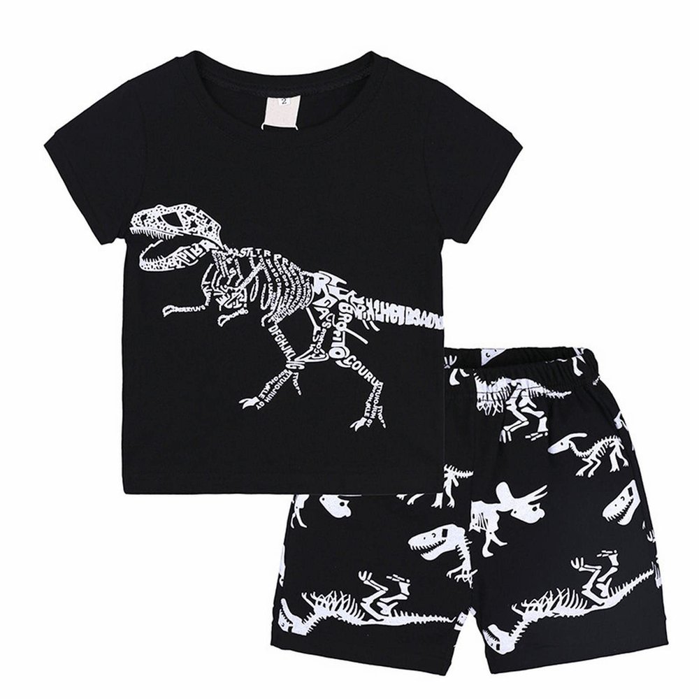 Baby Boy Outfits Children's Summer Cartoon Print Short Sleeved Shorts Two Piece Set Boys' Casual T (Black, 3-4Years)