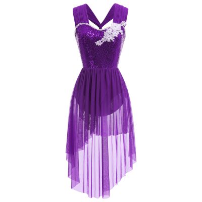 AFAVOM Sequin Flower Lyrical Dance Dress for Women Adult Contemporary Dance Costume Halter Backless Cross Straps Leotard with High Low Flowy Mesh Skirt Lyrical Dancewear Ballet Outfit Purple S