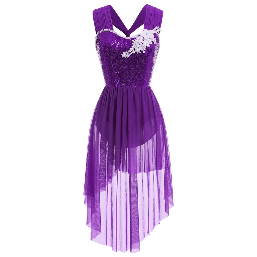 AFAVOM Sequin Flower Lyrical Dance Dress for Women Adult Contemporary Dance Costume Halter Backless Cross Straps Leotard with High Low Flowy Mesh Skirt Lyrical Dancewear Ballet Outfit Purple S