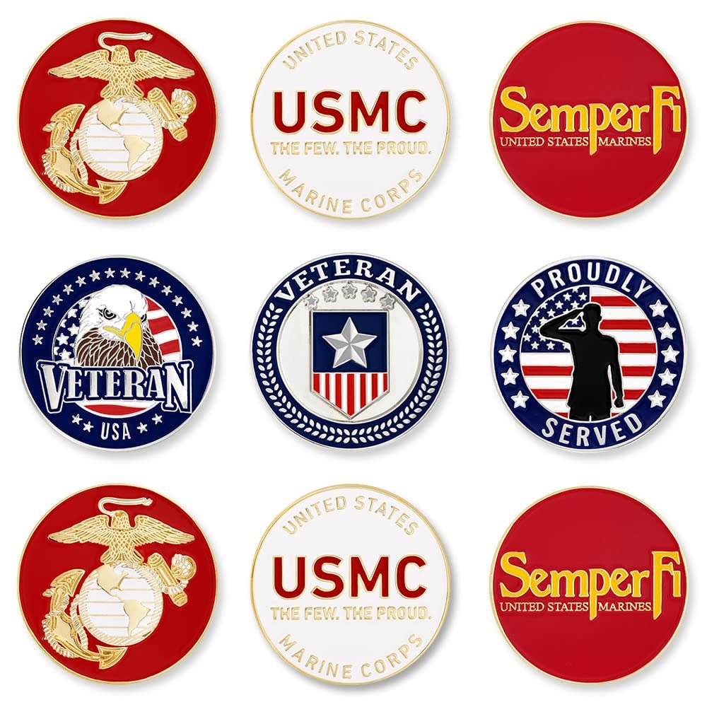 PinMart Officially Licensed United States Veteran Marine Corps Bundle Pack of 9 Golf Ball Markers - Golf Accessories for Men and Women  Magnetic Veteran Ball Markers Set of 9