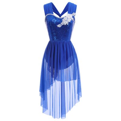 AFAVOM Sequin Flower Lyrical Dance Dress for Women Adult Contemporary Dance Costume Halter Backless Cross Straps Leotard with High Low Flowy Mesh Skirt Lyrical Dancewear Ballet Outfit Royal Blue L
