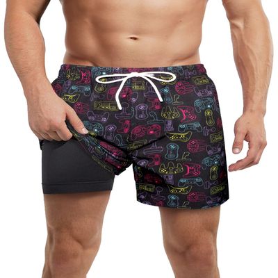 LUCOWEE Mens Games Swim Trunks with Compression Liner no Mesh Jammer Lined Swimming Trunks Quick Dry UPF 50+ Stretchy 5.5 inch Inseam Bathing Suit Shorts Gaming X-Large