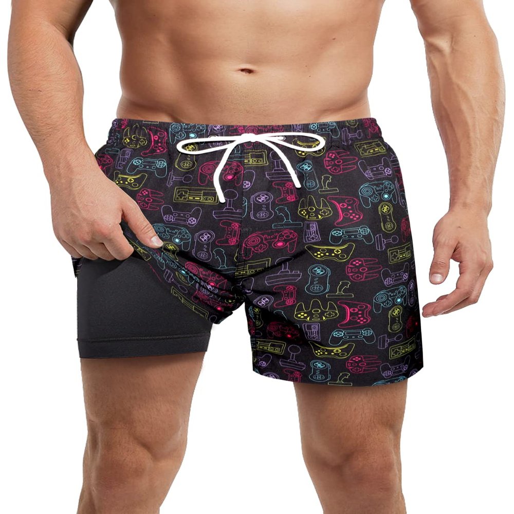LUCOWEE Mens Games Swim Trunks with Compression Liner no Mesh Jammer Lined Swimming Trunks Quick Dry UPF 50+ Stretchy 5.5 inch Inseam Bathing Suit Shorts Gaming X-Large