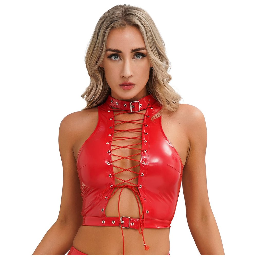 Agoky Women's Adjustable Neck Sleeveless Tank Tops Wetlook PU Leather Lace-up Bustie Crop Tops Red 3X-Large