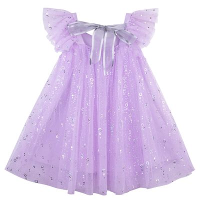 AGQT Child Girls Tulle Tutu Dress Sleeveless Wedding Sequin Layered Summer Babydoll Birthday Party Gowns Baptism Christening Pageant Sundress Light Purple-Silver Multicolored Hollow Rings Size 7-8T