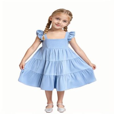 AGQT Toddler Girls Summer Sleeveless Dress Ruffle Dress Kids Summer Cotton Line Outfit Sleeveless Casual A-Line Princess Blue-Solid Size 3-4T