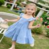 AGQT Toddler Girls Summer Sleeveless Dress Ruffle Dress Kids Summer Cotton Line Outfit Sleeveless Casual A-Line Princess Blue-Solid Size 3-4T view 3