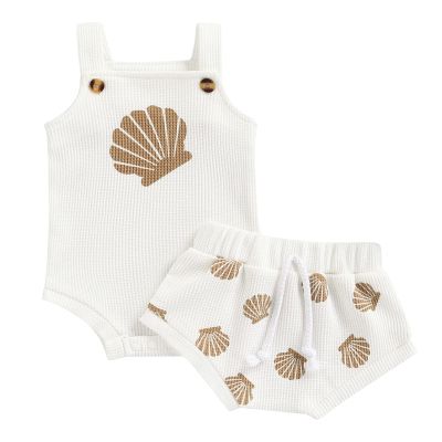 LIOMENGZI Toddler Baby Girl Summer Clothes Shell Print Waffle Romper Tops Elastic Waist Shorts Casual Outfit
