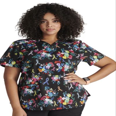 Cherokee Prints Women Scrubs Top V-Neck Print CK652, XS, Hopeful Bouquets
