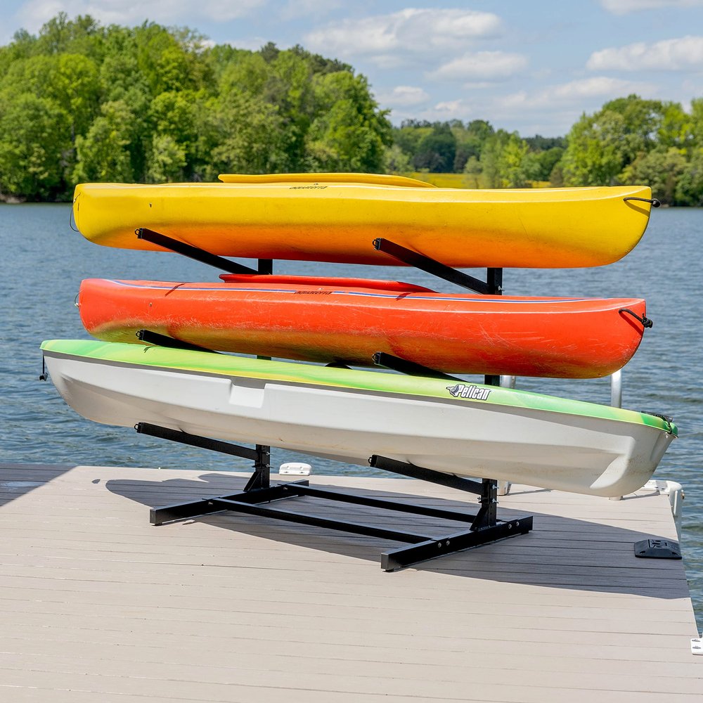 Teal Triangle Freestanding Kayak Storage Rack  3 Kayak Rack & Canoe Rack  Indoor Outdoor Kayak  Adjustable Surfboard & Stand Up Paddle Board Holder  Adjustable Storage Stand - Black