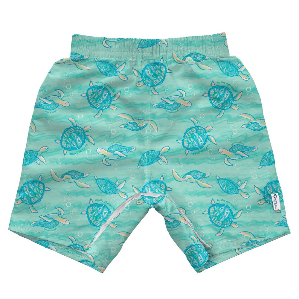 green sprouts i Play Easy-Change Eco Swim Trunks, UPF 50+, Standard 100 by Oeko-TEX Certified, No AZO Dyes, Seafoam Hawksbill Turtle - 18mo