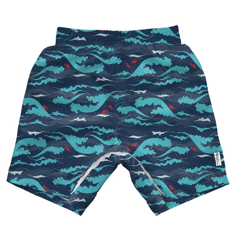 green sprouts i Play Easy-Change Eco Swim Trunks, UPF 50+, Standard 100 by Oeko-TEX Certified, No AZO Dyes, Navy Tidal Waves - 24mo