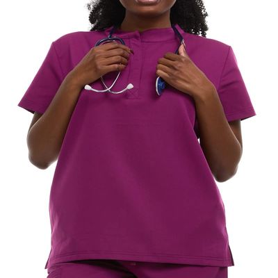 Minty Mint Women's Mandarin Collar Scrub Top Wine M