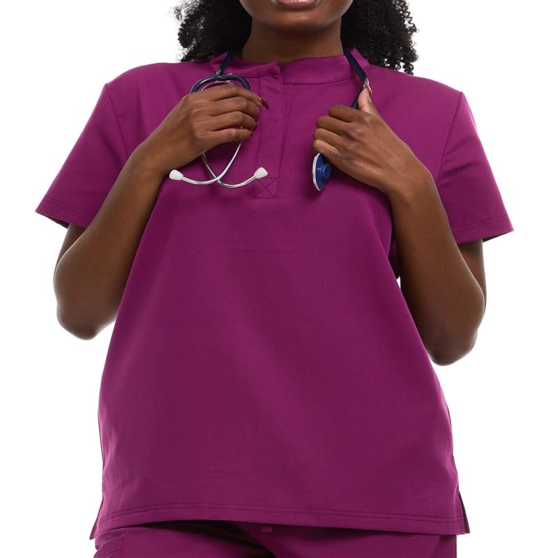 Minty Mint Women's Mandarin Collar Scrub Top Wine M