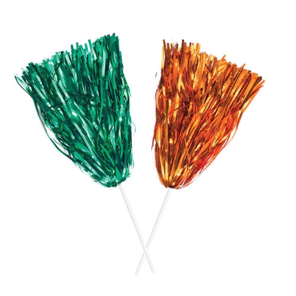 Anderson's Premium Metallic Green and Orange Foil School Spirit Shakers Cheerleader Pom Poms Sports Football Basketball Homecoming Squad Team Party Dance Club Performance Celebration Pack of 10