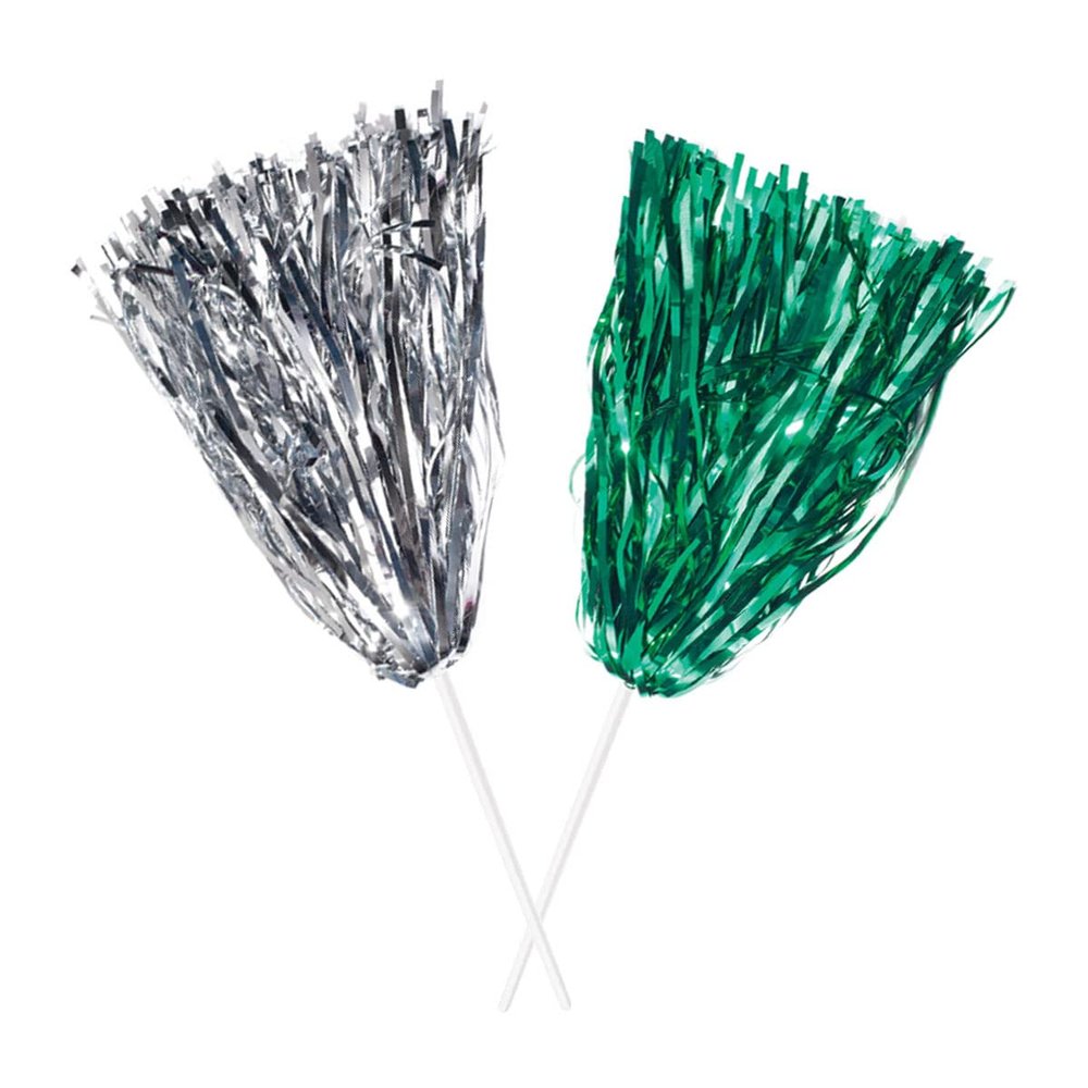 Anderson's Premium Metallic Silver and Green Foil School Spirit Shakers Cheerleader Pom Poms Sports Football Basketball Homecoming Squad Team Party Dance Club Performance Celebration Pack of 10