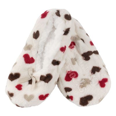 BambooMN Adult Women's Soft Fuzzy Furry Home Non-Slip Lined Slipper Socks, Travel Indoor House Slippers, White Hearts, Extra Large, 1 Pair