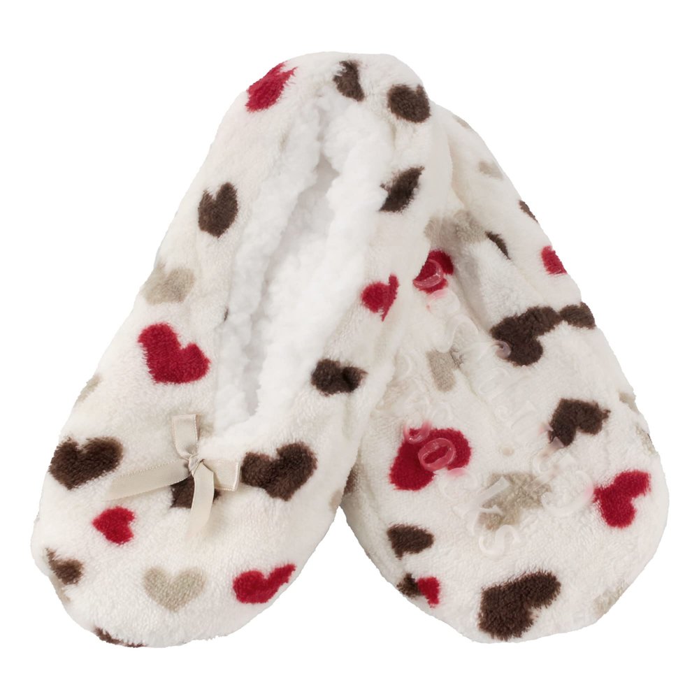 BambooMN Adult Women's Soft Fuzzy Furry Home Non-Slip Lined Slipper Socks, Travel Indoor House Slippers, White Hearts, Extra Large, 1 Pair