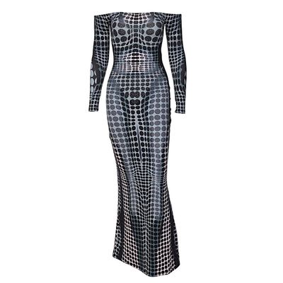 4UFIT Women's Long Sleeve Bodycon Maxi Dress Mesh 3D Print Off-Shoulder Party Long Dresses