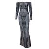 4UFIT Women's Long Sleeve Bodycon Maxi Dress Mesh 3D Print Off-Shoulder Party Long Dresses view 1
