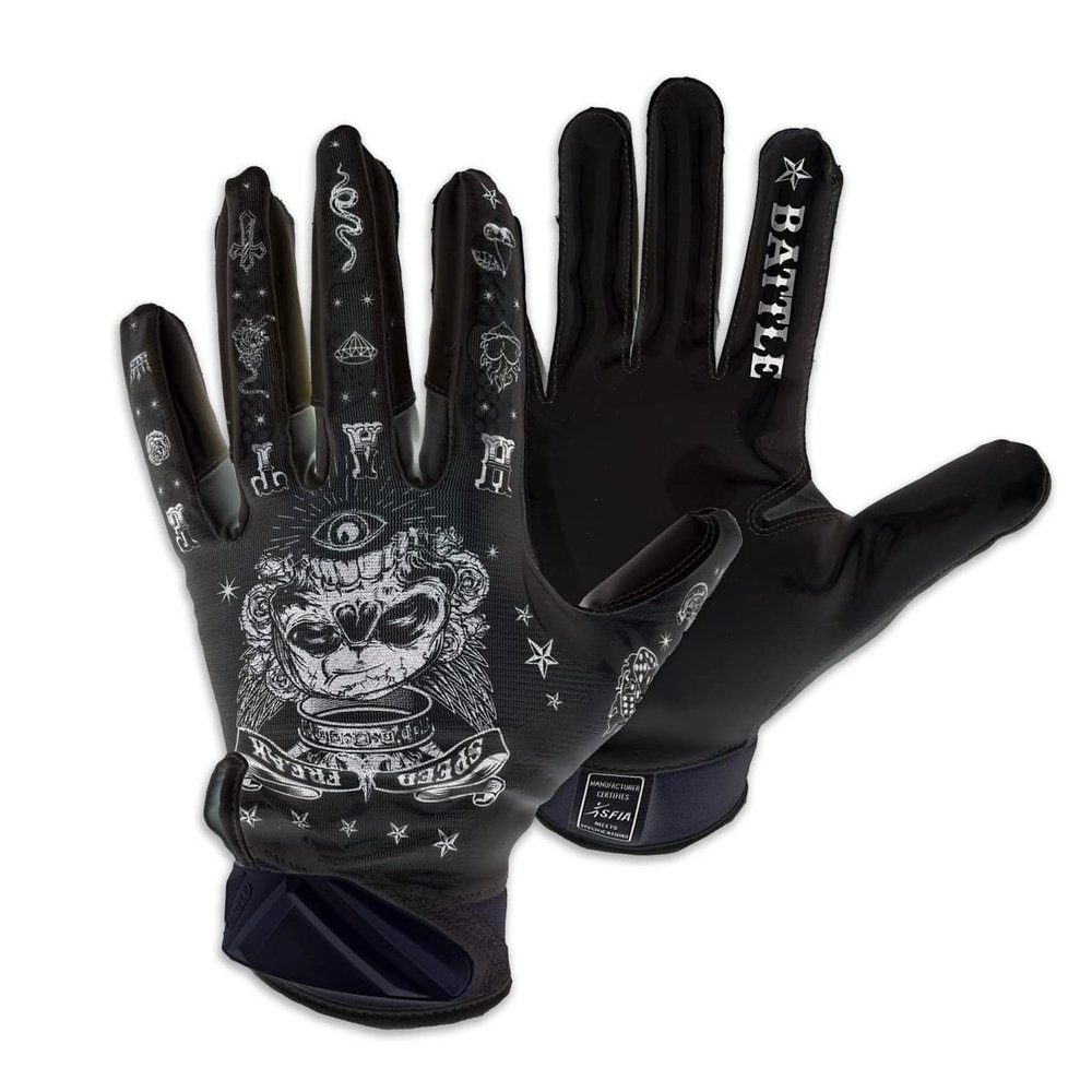 Battle Sports Speed Freak Black Wide Receiver Football Gloves, Ultra-Tack Sticky & Grip Gloves, No Slip - Youth Medium