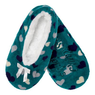 BambooMN Adult Women's Soft Fuzzy Furry Home Non-Slip Lined Slipper Socks, Travel Indoor House Slippers, Blue Hearts, Small, 1 Pair