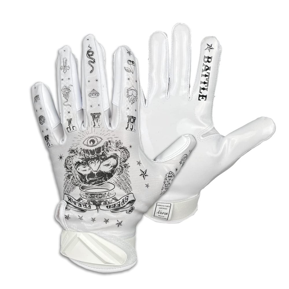 Battle Sports Speed Freak White Wide Receiver Football Gloves, Ultra-Tack Sticky & Grip Gloves, No Slip - Adult XX-Large