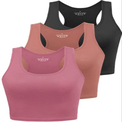 Workout Crop Tops for Women Tank Top Cropped Athletic Shirt Racerback Tanks Sleeveless Undershirt Fitted Summer Tops Gym Exercise Clothes Work Out Running Activewear 3 Pack Black/Red/Rose S