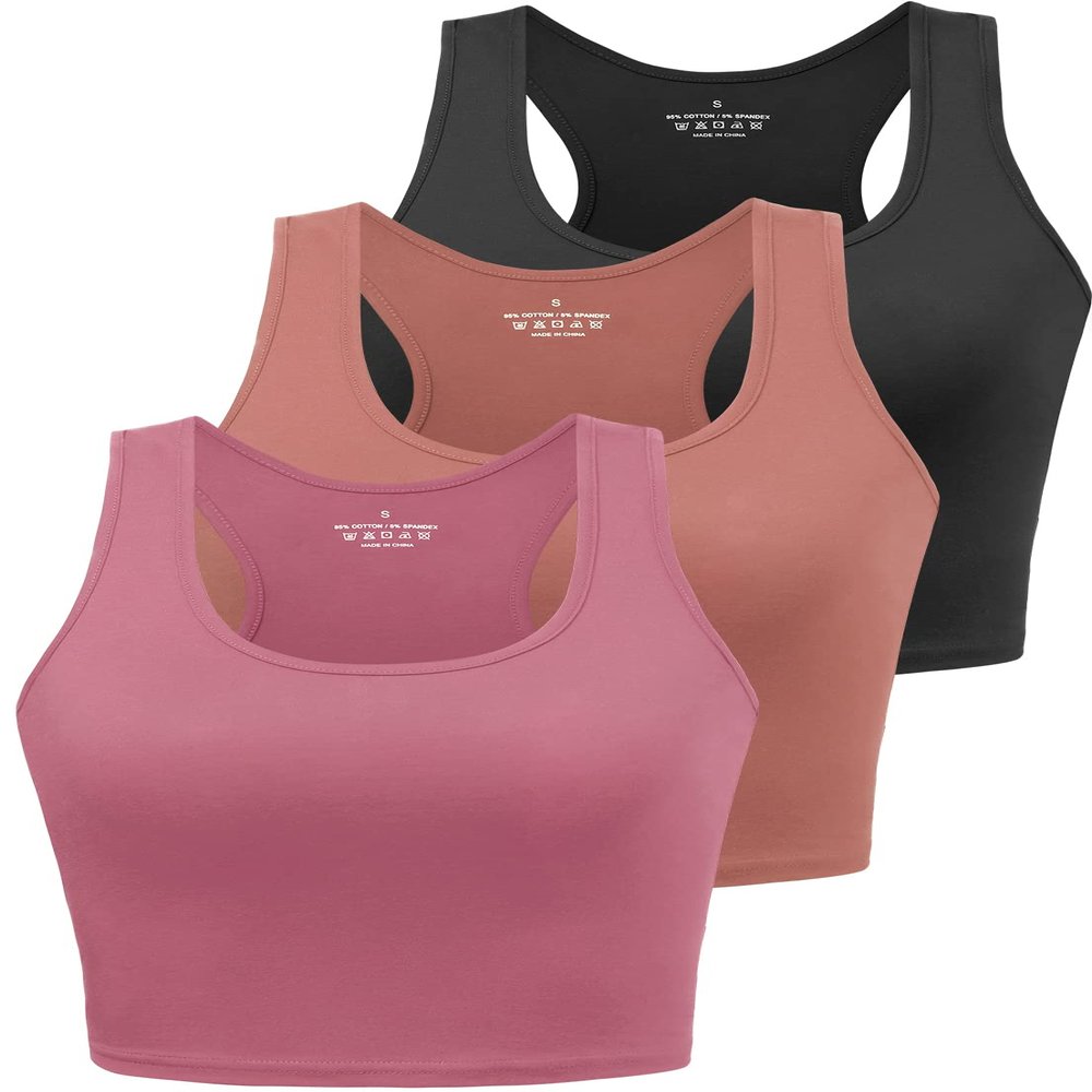 Workout Crop Tops for Women Tank Top Cropped Athletic Shirt Racerback Tanks Sleeveless Undershirt Fitted Summer Tops Gym Exercise Clothes Work Out Running Activewear 3 Pack Black/Red/Rose S