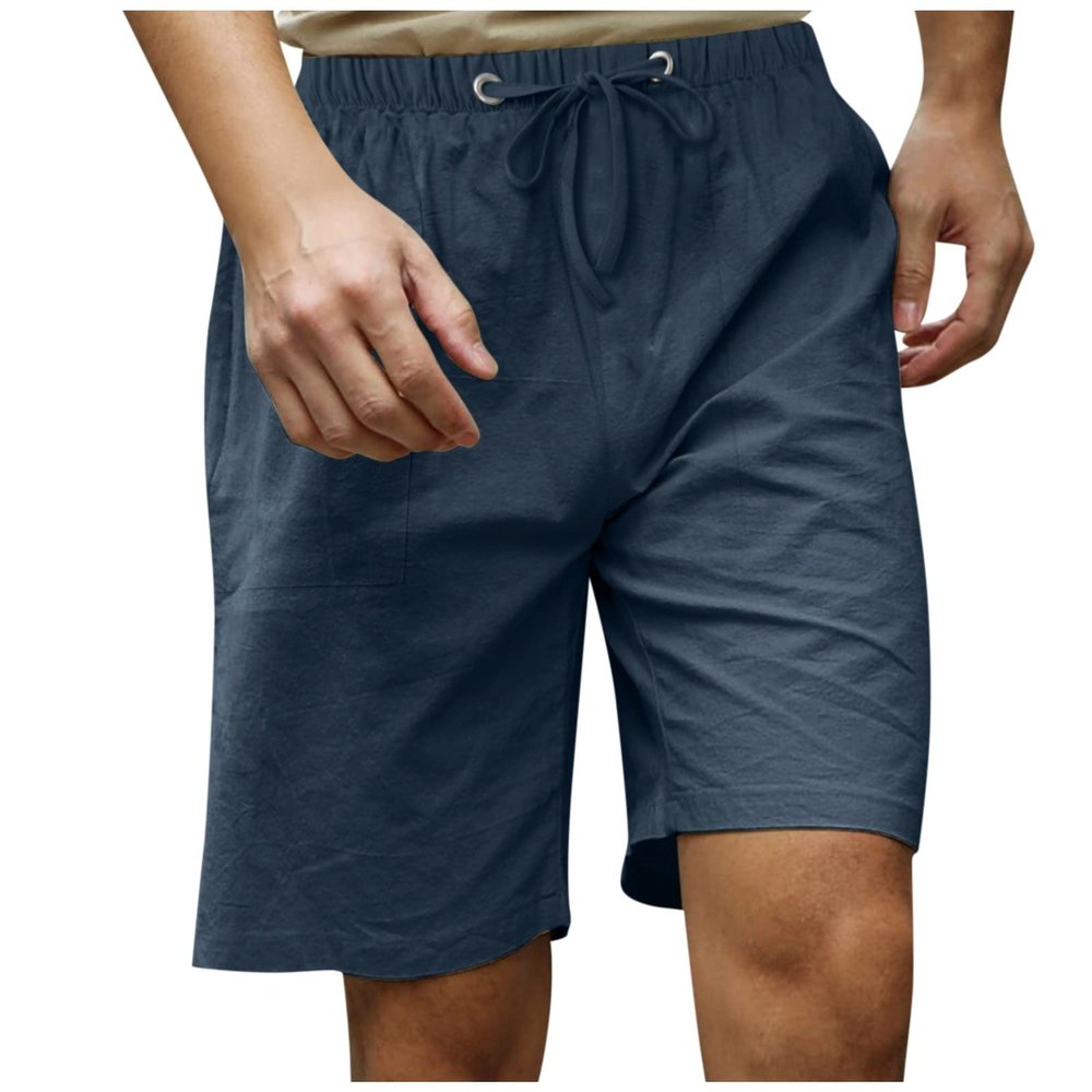 GOKKILRW Linen Shorts for Men Classic Fit Casual Elastic Waist Drawstring Summer Beach Shorts Lightweight Beach Shorts(Navy,X-Large)